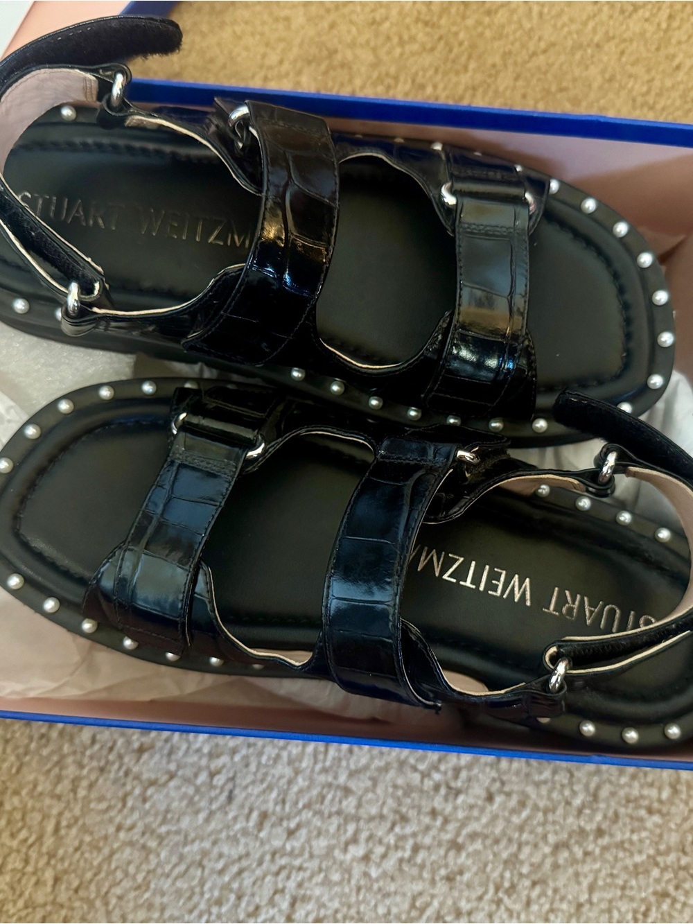 Stuart Weitzman Black Patent Leather Pearl-Stud Sandals Size 6.5